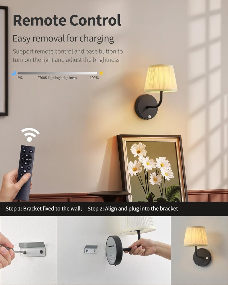 PUSU Motion Sensor Black H9.6 inch Small Wall Sconces Set of 2, LED Cordless Rechargeable 5200mAh Battery Operated Fabric Wall Lamps with Remote, Lighting for Living Room, Bedroom, Hallway, Stairs - Image 4